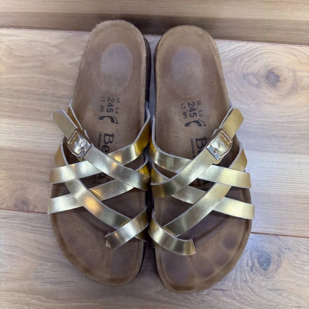Birkenstock Betula Sandals Gold Strappy Slip On 7 N EU 38 Birko Travel Vacation